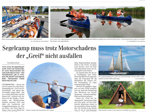 Segelcamp muss trotz Motorschadens der „Greif“ nicht ausfallen